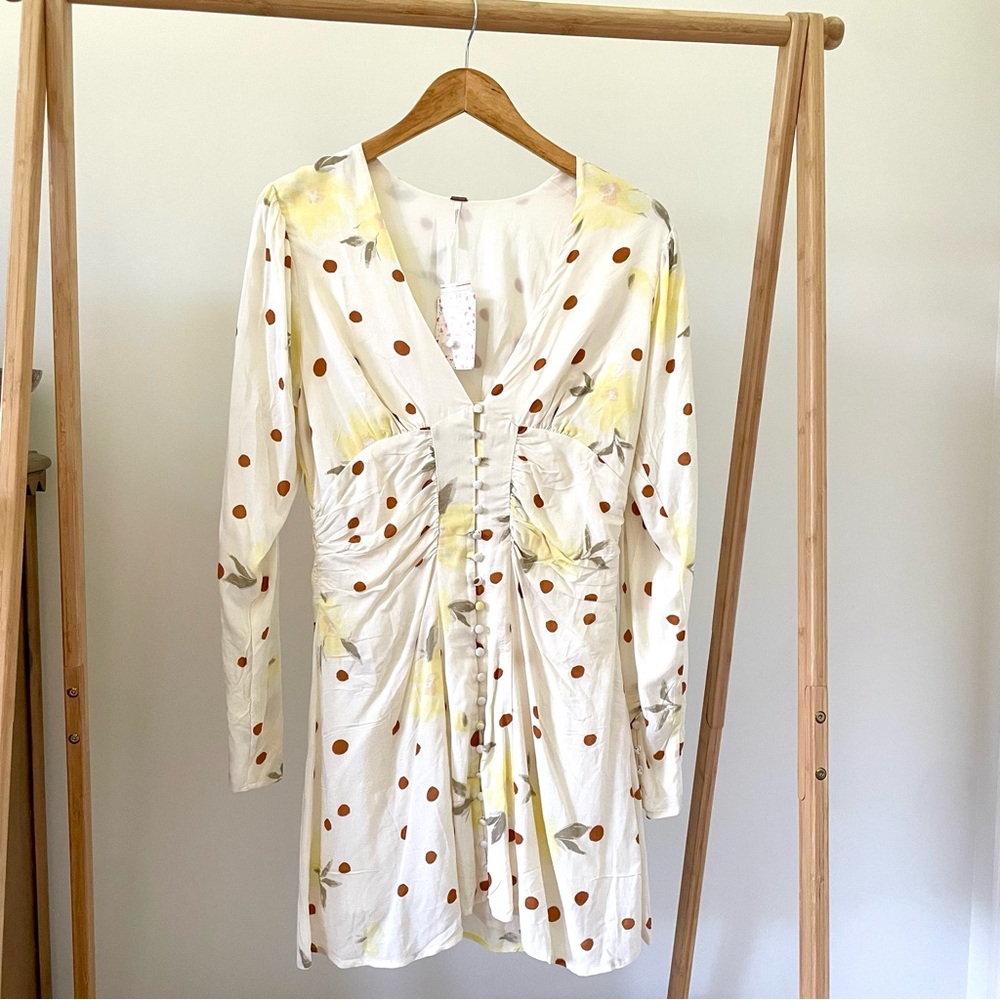NWT Free People Date Night Polka Dot Floral Mini Dress in Sunshine Combo - M